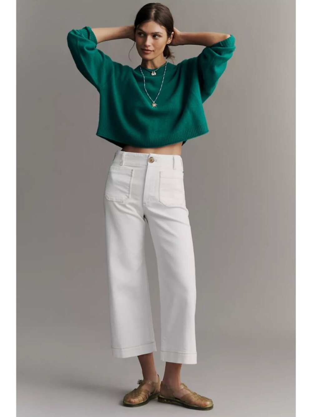 New Anthropologie The Colette Whipstitch Wide-Leg Crop Jeans White 31